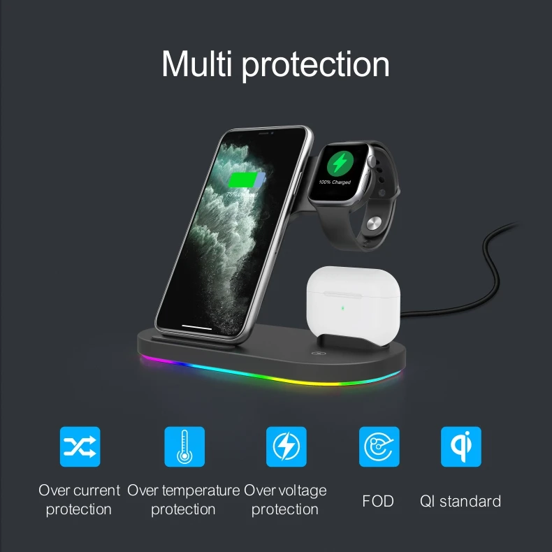 15W Wireless Charger 3 in 1 Fast Foldable Charging Station Dock for iPhone Watch AirPods