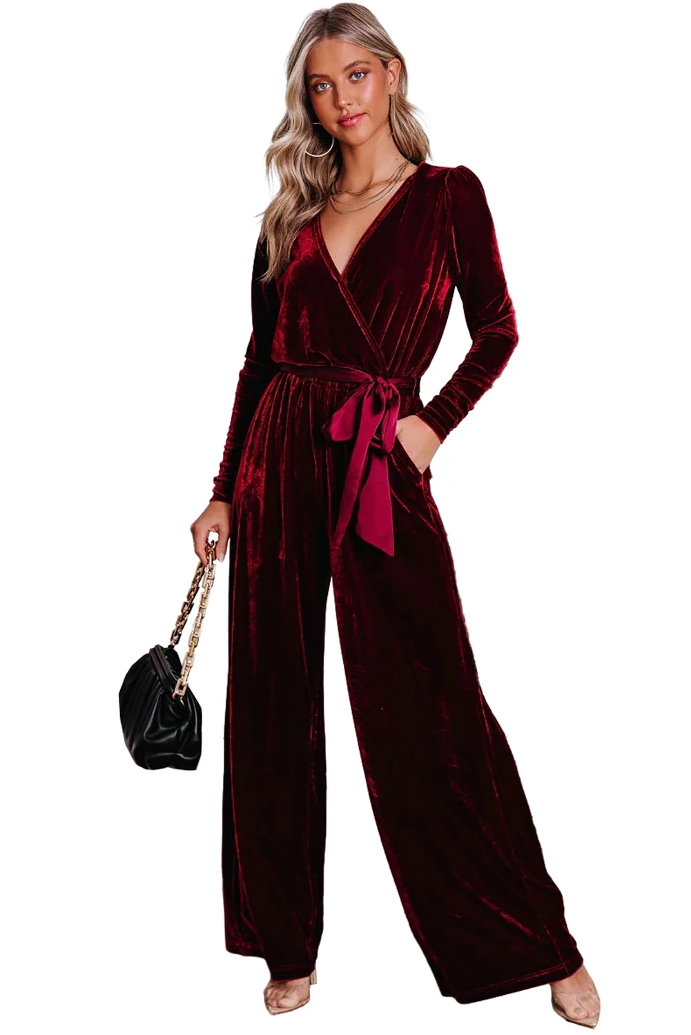 Dear-Lover Fiery Red Velvet Pocketed Cut Out Back Long Sleeve Flare Wide Leg Sexy Elegant Women's Chic Jumpsuit For Wedding
