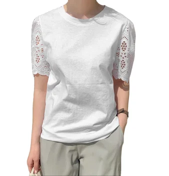 2024 Casual with O-Neck 100% Cotton Short Sleeve Breathable and Sustainable-Plain Dyed Material White T-Shirt