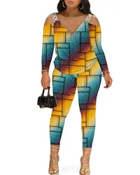 fall 2023 women clothes Off-shoulder paneled long sleeve graphic print women pants set