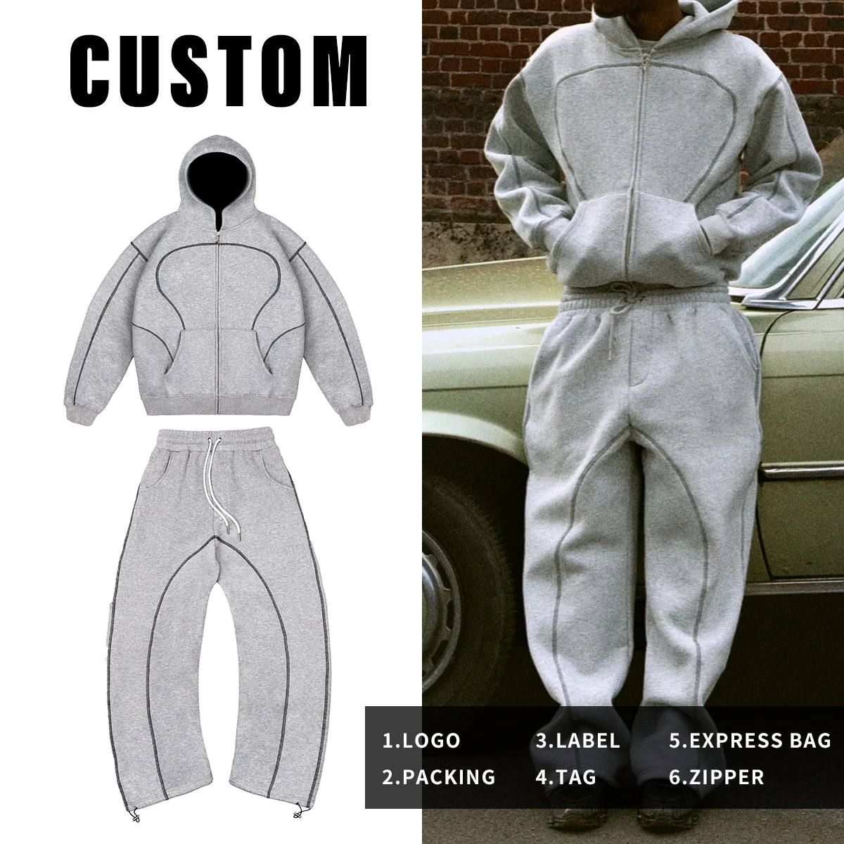 product custom sweatpants and hoodie set design oversized printing zip up hoodie 500gsm streetwear heavyweight 100 cotton for man-1