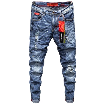 2022 New Style High Quality Men's Jeans With Holes Leisure Biker Patch Paint Slim Fit Denim Pants Printing Spray Paint Trousers