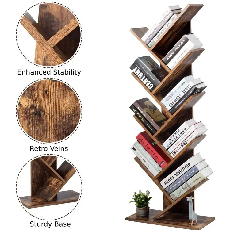 Factory price custom wooden brown shop mini tree shaped kids book shelves house wood