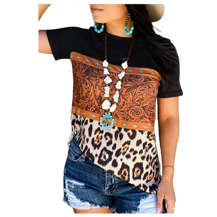 WOCACHI Womens Color Block Long Sleeve Tunic Floral Leopard Tops Blouses Shirt 