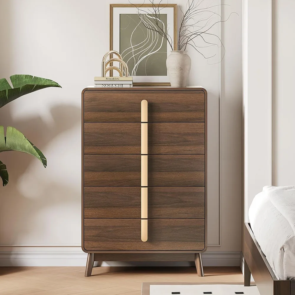 product modern mid century tall dresser with 5 drawers large wood organizer for bedroom or living room efficient storage furniture-2