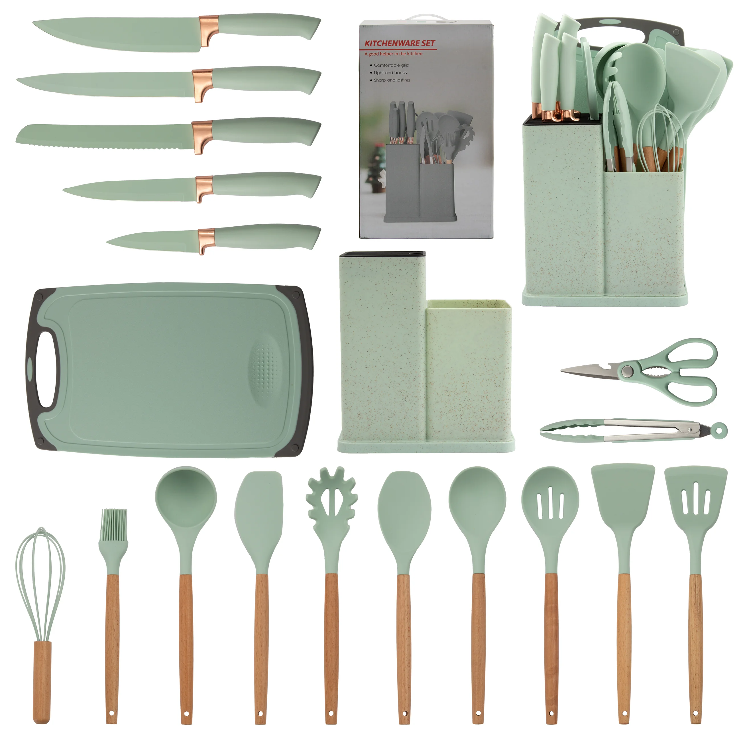 Best Selling Kitchen Gadgets Non Stick Silicone Kitchen Utensil Set With Wooden Handle And Cuttings Board Storage Bucket