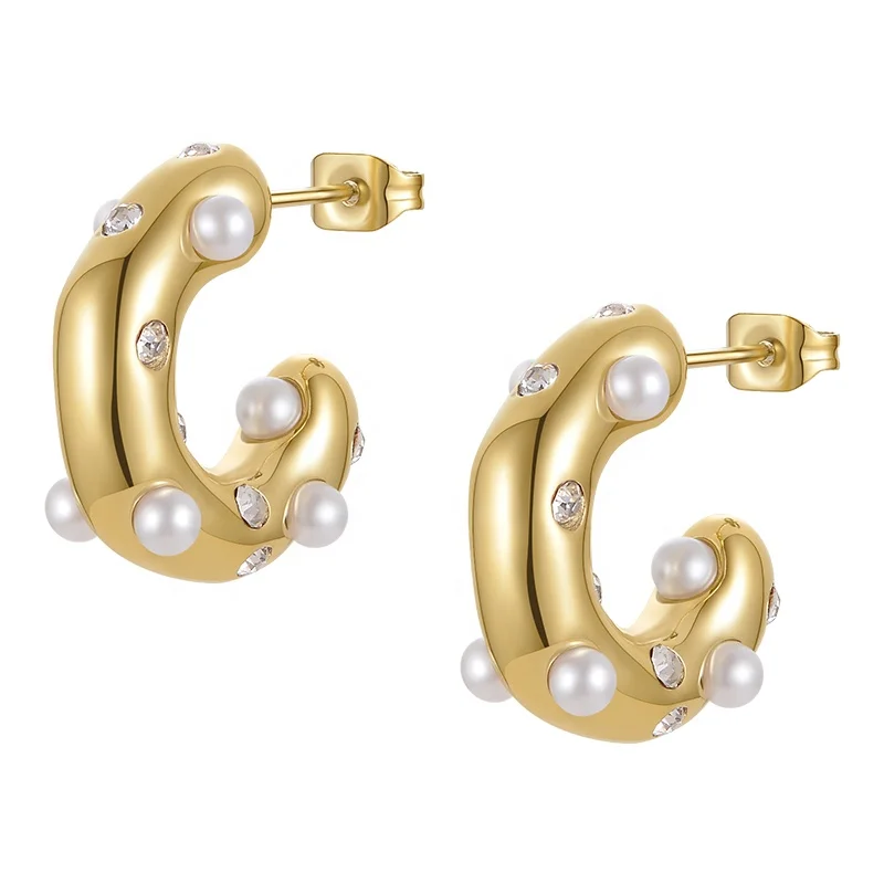 18K Gold Plated Stainless Steel Jewelry C-Shaped Sticky Pearl Zircon Design Accessories Hoop Earrings E221363