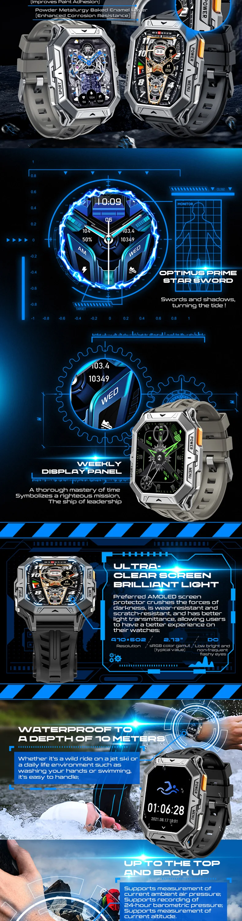 1000mah battery smart watch x1 pro 1atm waterproof compass altitude 213inch amoled display sport call smartwatch new-2