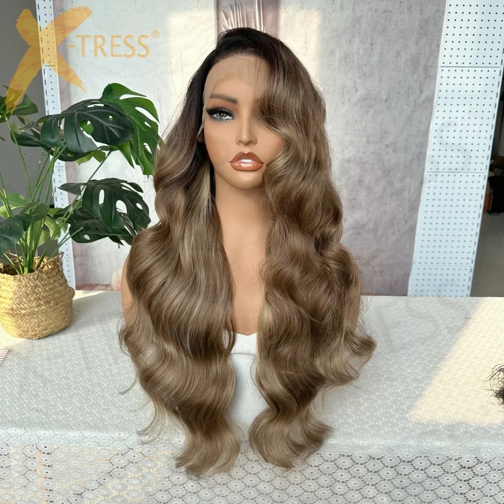 Elegant Copper Ombre Highlight Loose Body Wave Wig 13*6 Ombre 1B/30 Black Brown Transparent Lace Synthetic Blend Hair Fiber Wigs