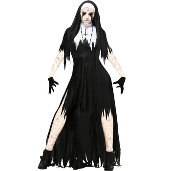 Women Sexy Nun Witch Dress Cosplay Costume Black Blooded Fantasy Dress Terror Halloween Horror Costume