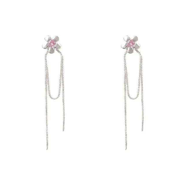 YIFANSHI Sweet cool silver flower pink diamond tassel long feminine temperament highend small exquisite earrings fashion jewelry