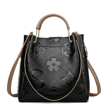 Vintage Flower Pattern Handbag for Women Genuine Leather Classic Black Casual Totes Office Lady Bag Large Capacity Louis Brand