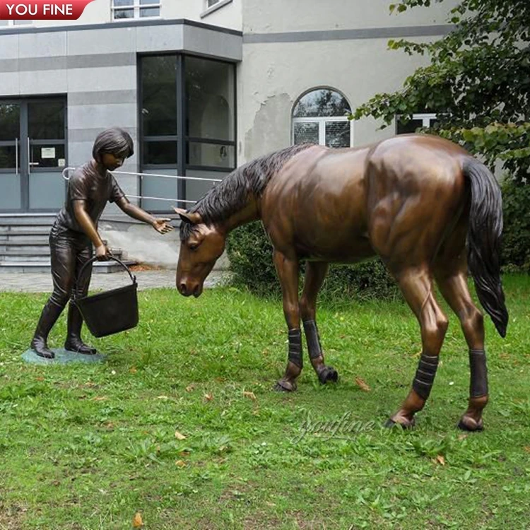 Custom Farm Outdoor Lawn Life Size Bronze Girl Feeding Rearing  Horse Statue Sculpture