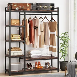 Heavy Duty Black Metal Frame Clothes Closet Organizer Portable Garment Rack with 6 Shelves and Hanging Rod