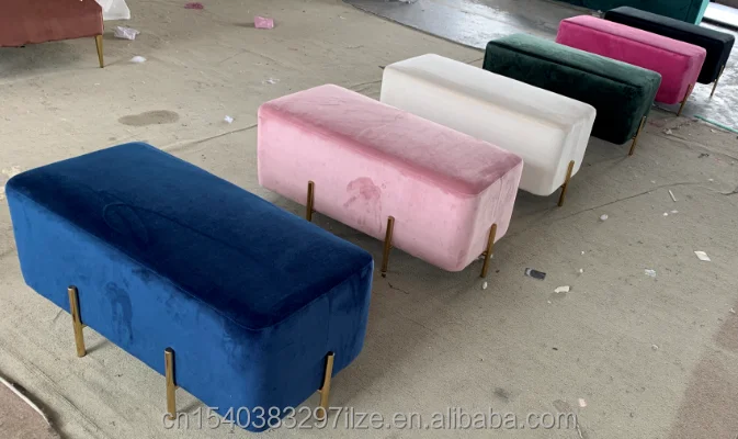 Metal base velvet rectangle ottoman bench stool event ottoman