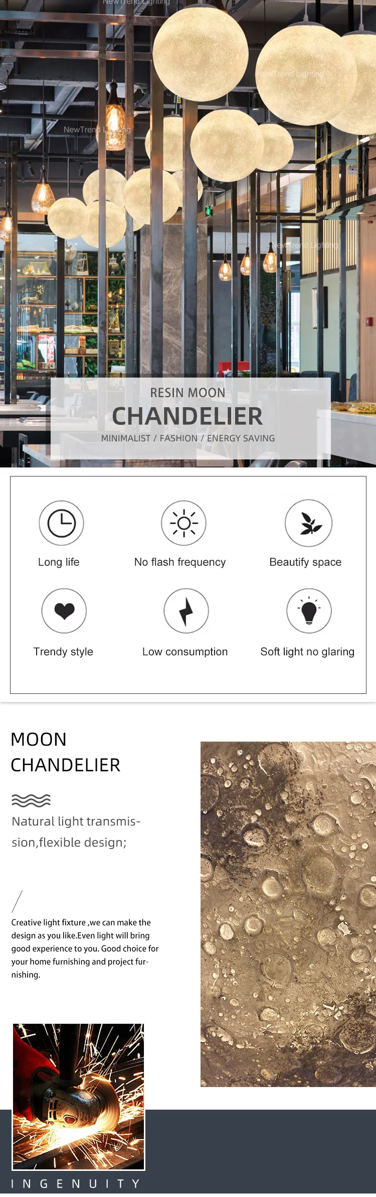 CPL-149 New Design Indoor Decoration Hotel Lobby Banquet Hall Custom Resin Moon Chandelier factory