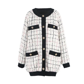 Round Neck Ribbed Buttons Up Pockets Plaid Pattern Winter Liner Cotton Quilted Mid Long Loose Tweed Jacket for Women