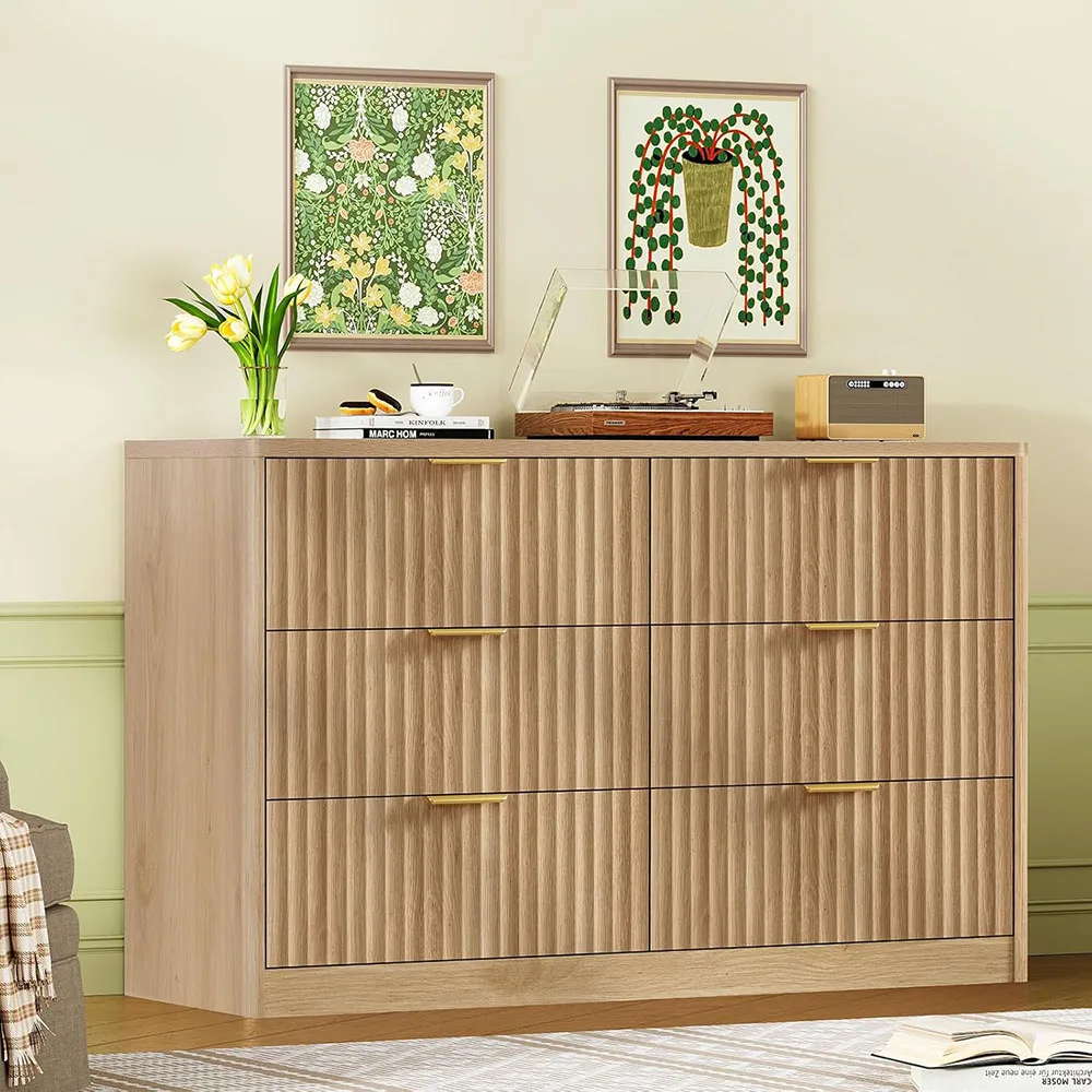 product modern 6 drawer wide fluted chest of drawers metal handles curved profile design wood material for bedroom living room storage-0