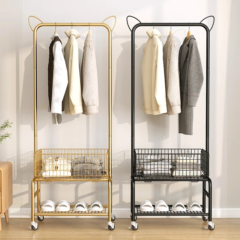 Discount metal entrance storage rack bedroom vertical wardrobe clothes hanging rod clothes hat rack