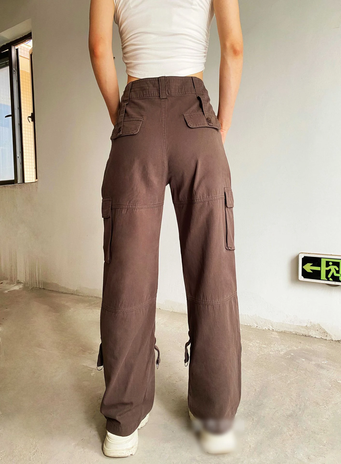 Women Cargo Long Pants Cotton Pockets Europe Straight Wide Leg Pants Fashion Multi-pocket Retro Trousers Casual Cargo Pants