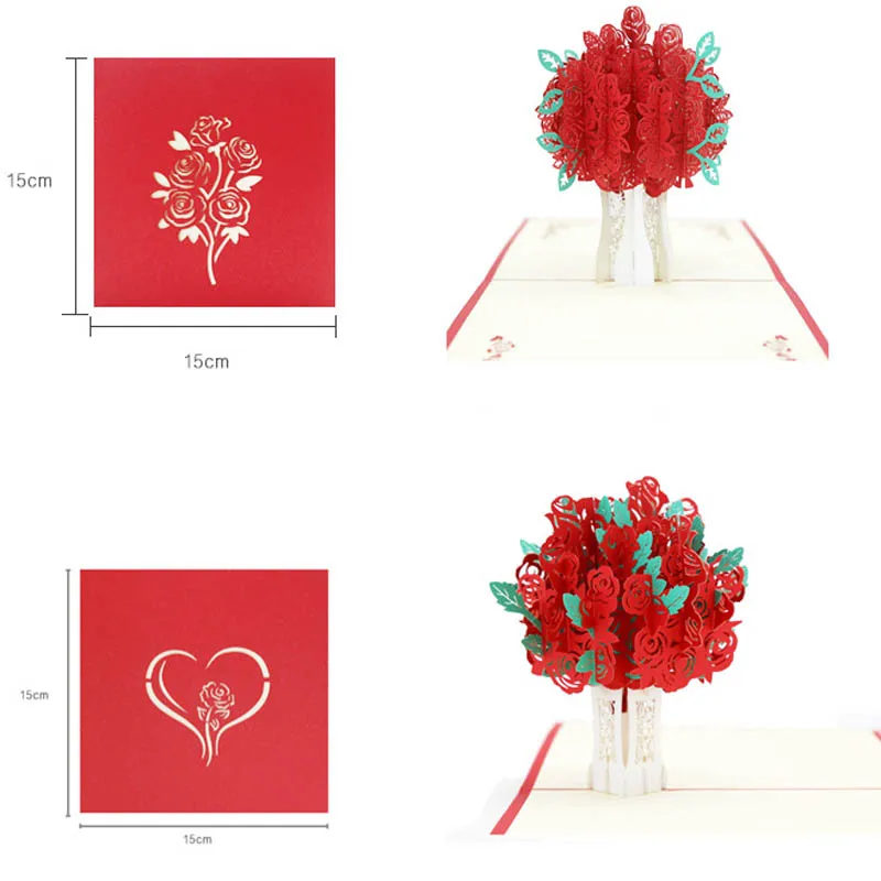 3D Rose Greeting Card Pop Up Paper Cut Postcard Valentines Birthday Wedding Gift 