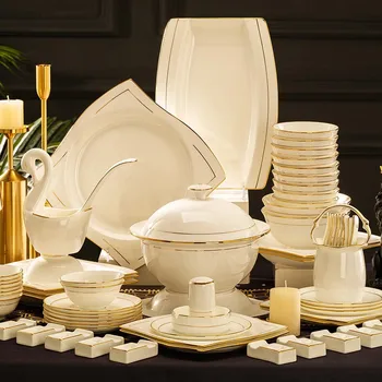 52 Piece Dinner Sets Luxury Jingdezhen Ceramic Bone Porcelain Dinnerware Set Gold Rim High End Hotel Tableware