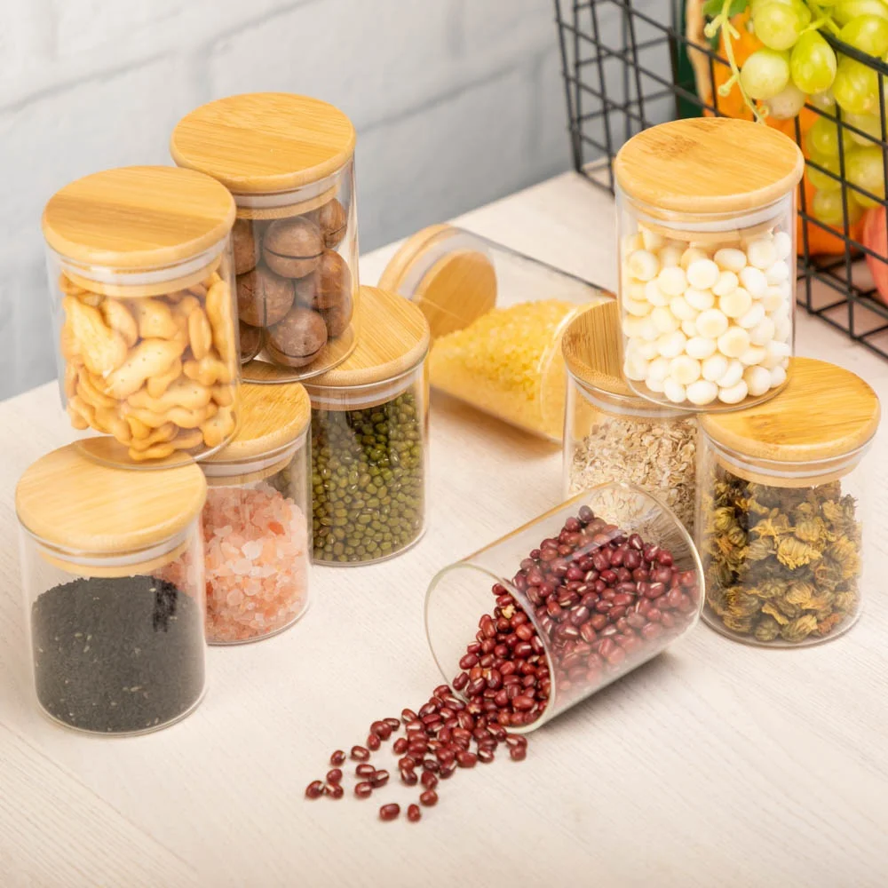 Diameter 6.5cm 12pcs Set 200ml Round Food Storage Container Borosilicate Glass Spice Jar with Bamboo Lids