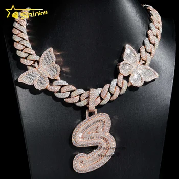 New design hip hop jewelry Iced out custom vvs moissanite diamond butterfly cuban chain with name initial letter pendant