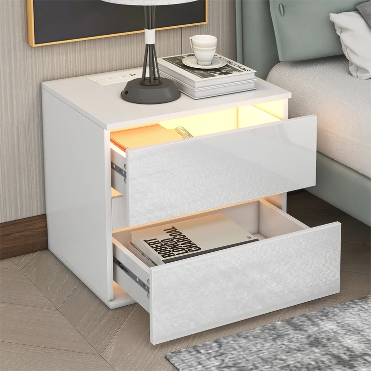 High glossy LED white smart bedside table with wireless usb charging