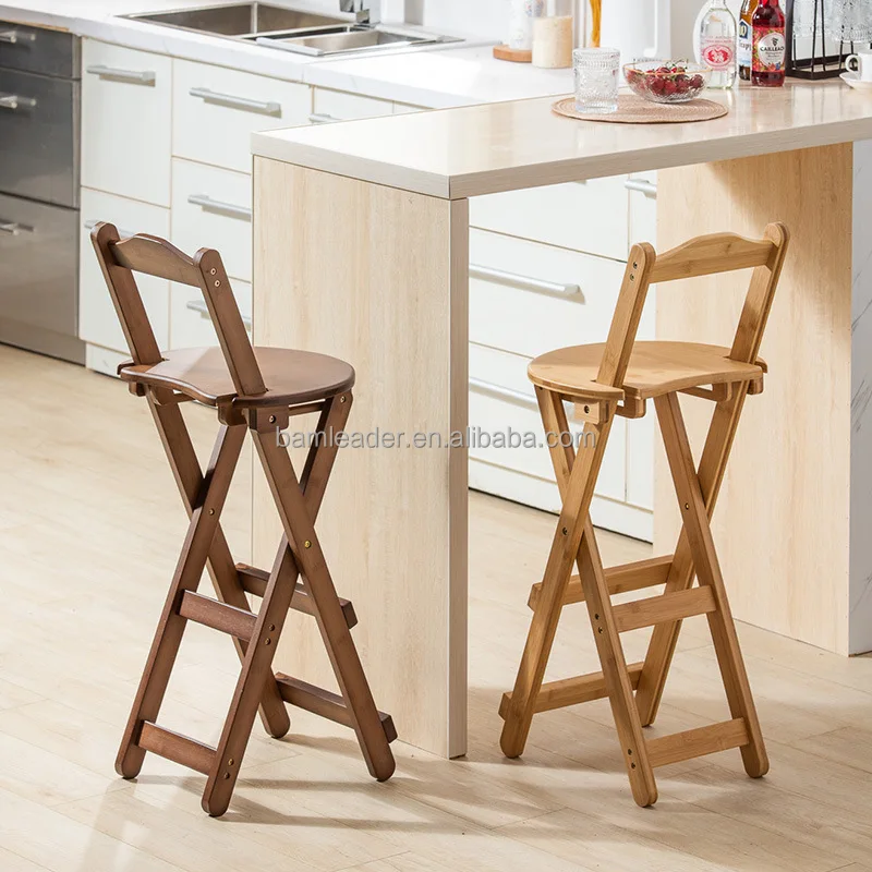 ODM Customizable Collapsible Bar Chairs with Backrest Folding Portable Bamboo Wooden High Bar Chair Stool For Kitchen Restaurant