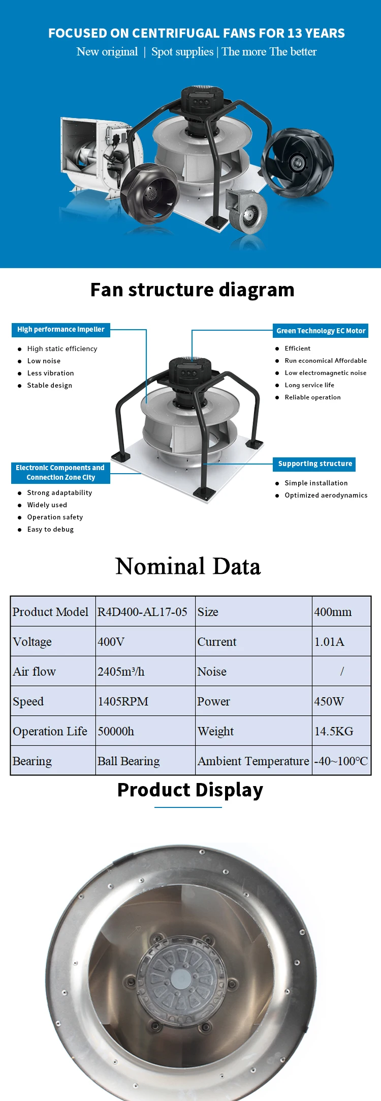 Centrifugal Fan, R4D400-AL17-05, 400MM, 400V1.01A, Inverter - detail 2