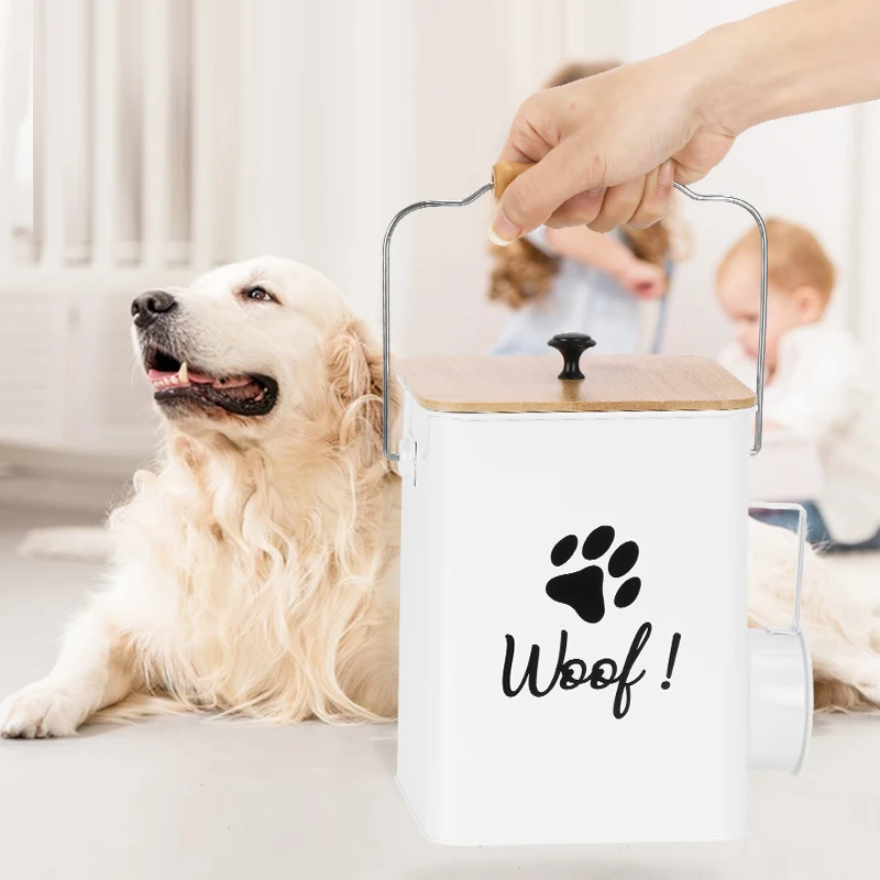 New Arrival Metal Set of Two Pet Food Storage Container Set with Wooden Lid
