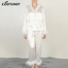 Satin Silk Satin Personalise Bridesmaids High Quality Women Pyjamas Satin Silk Ostrich Feather Trim Pajamas