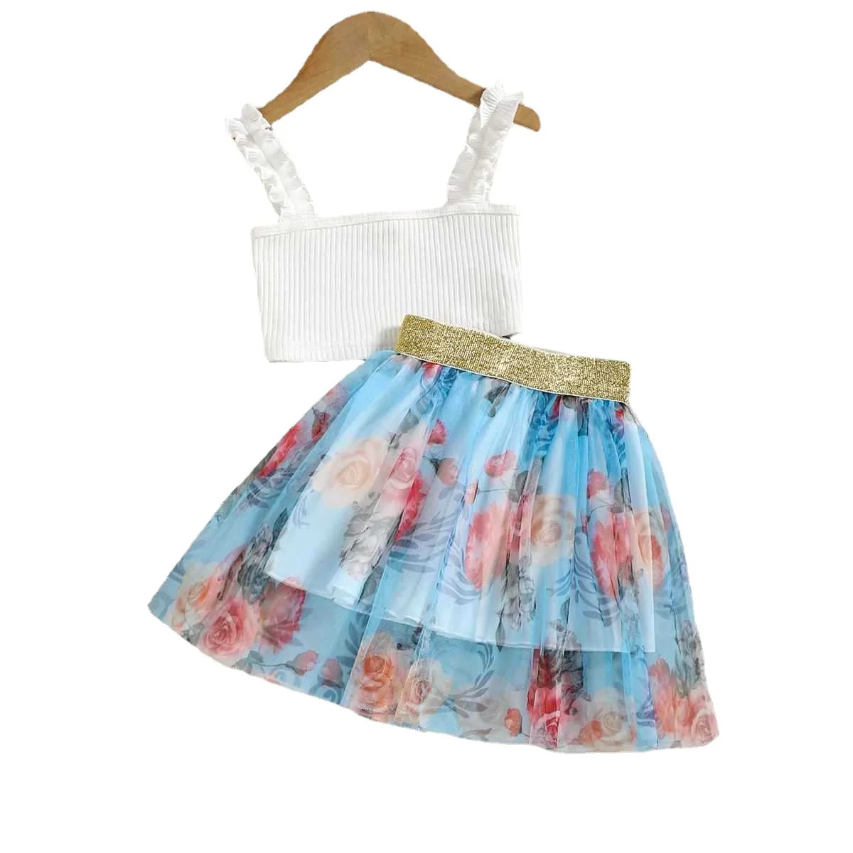 2023 Summer Bohemian Style Flower Print Baby Clothing Sets Suspender Top Gauze Skirt Two-piece Girls Clothing Outfits