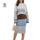 Long Set Wholesale Crew Neck Long Sleeve Drop Shoulder Colorblock Dress Striped Womans Sweater Set