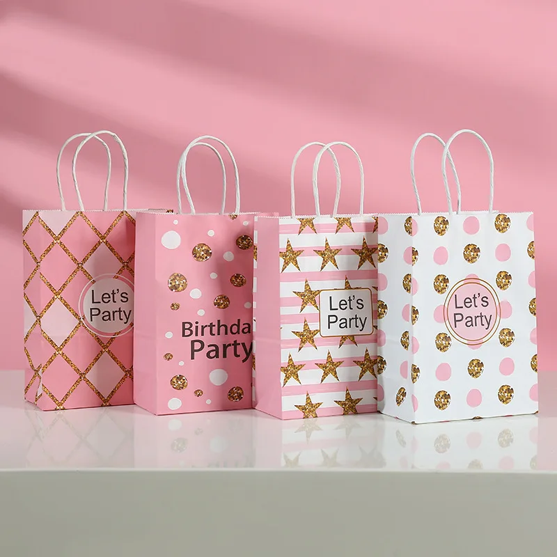 Pink kraft paper bag Candy Carrying happy birthday party girl gift bags