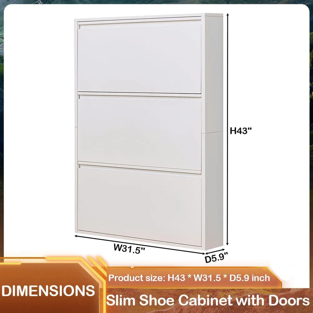 White MDF Shoe Storage Cabinet with 3 Flip Drawers Slim Narrow Hidden Metal Rack for Entryway Home Furniture details