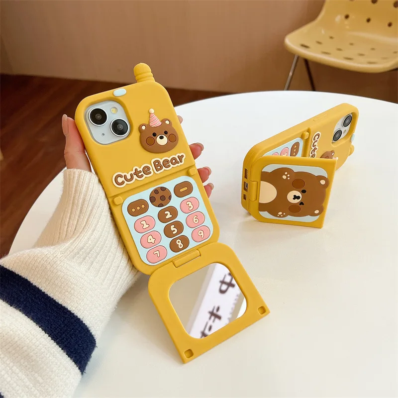 For Apple iPhone15 14 13 12 11 Pro Max Holder Mobile Phone Case Cartoon Cute Bear Mirror Cases Cover