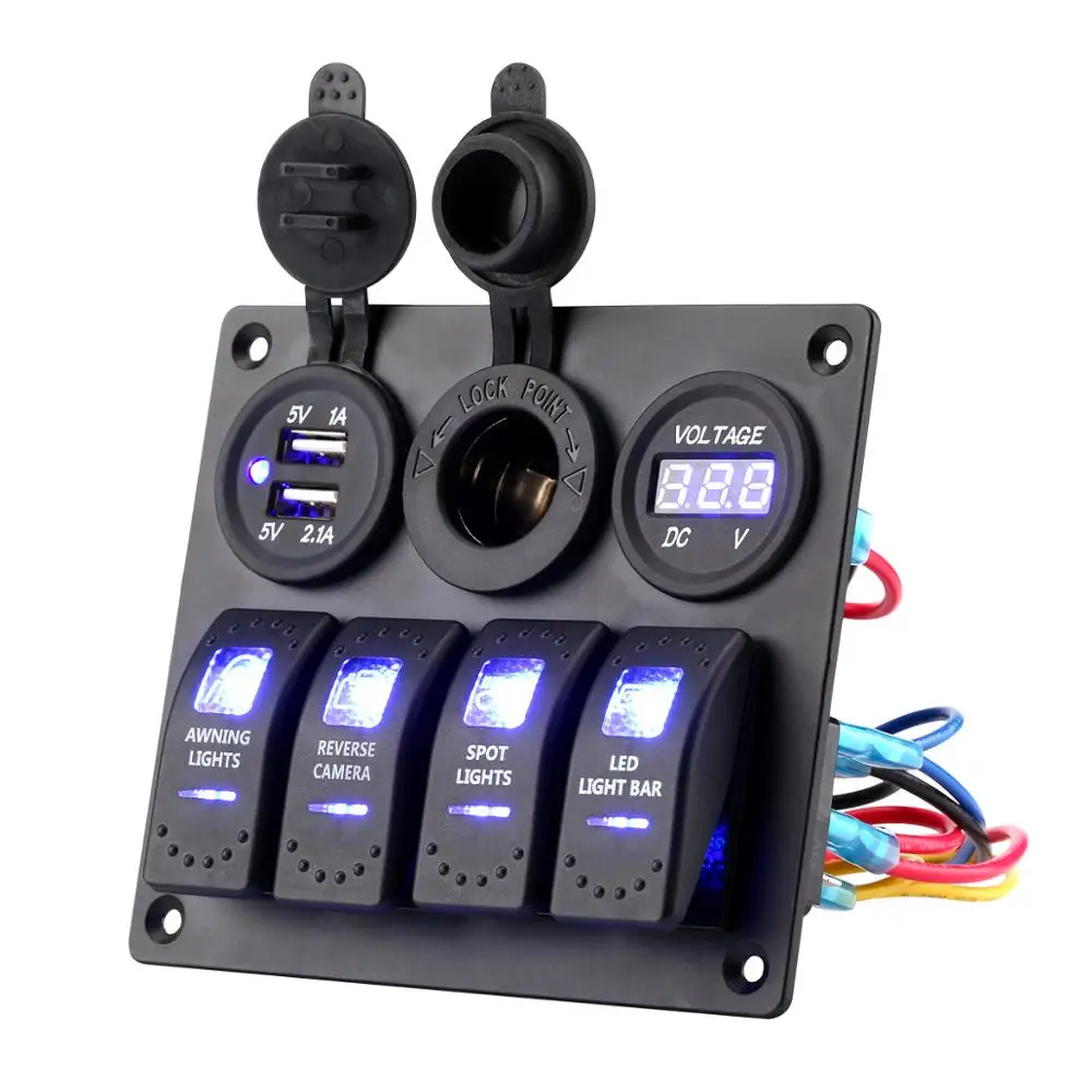 4 Gang Rocker Toggle Switch 12V Panel USB Quick Charger & Voltmeter Blue Led All are Pre-Wired in Surface Mount Box Enclosure Indicator for RV Vehicle Truck Trailer Yacht 