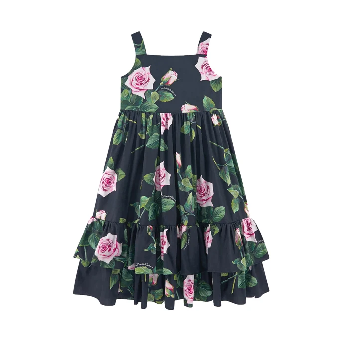 Newest spring summer design girls dress european kids frocks designs one piece clothing floral print children cotton dress