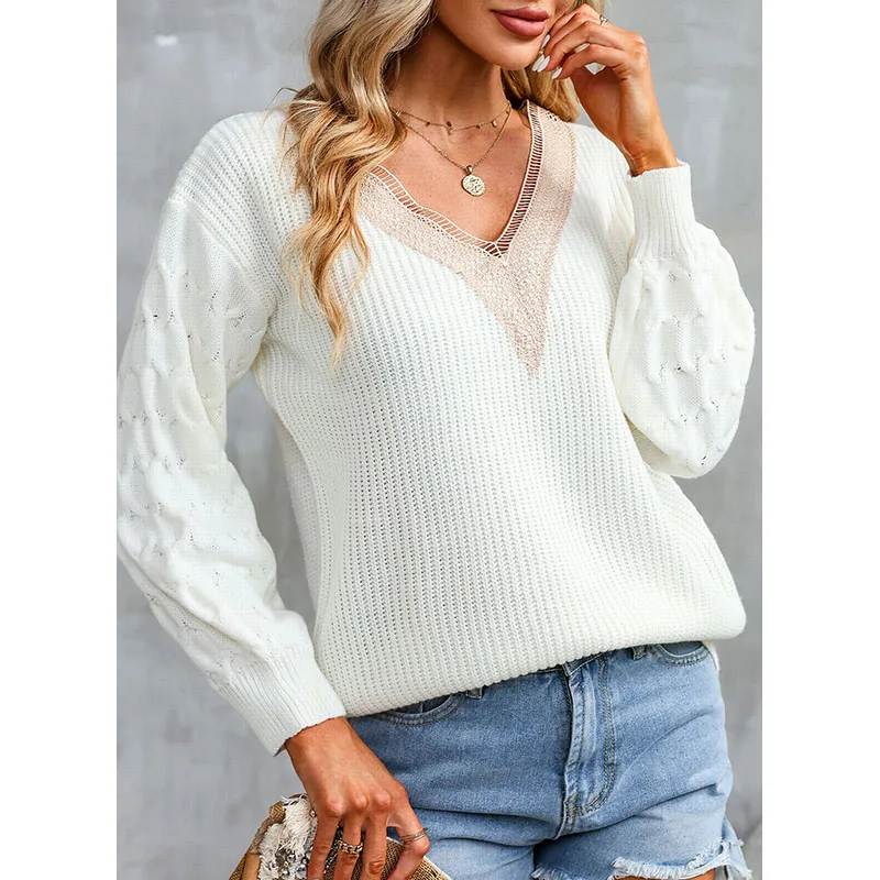 Dear-Lover Oem Customized Sweater Manufacturers Puff Sleeve Lace V Neck Sweaters For Women