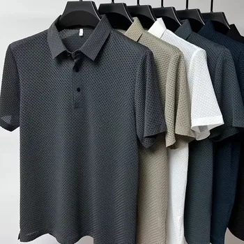 Customized team enterprise logo men's ice silk mesh polo shirt summer mesh smooth material short sleeved polo shirt