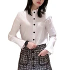 Summer 2021 Summer Autumn New White Shirt With Long Sleeves Standing Collar Flared Sleeves Woman Shirt