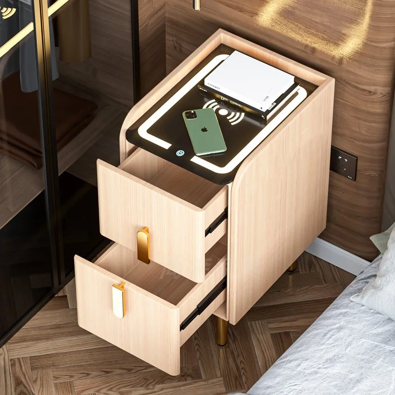 New Chinese Smart Bedside Table Solid Wooden Wireless Charger Fingerprint Unlock Table Smart Nightstand