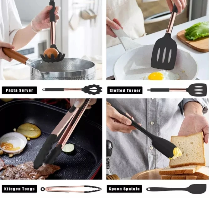 24Pcs Non-Stick Kitchen Utensils Set Food Grade Silicone Heat Resistant Cooking Tool Stainless Steel Whisk Turner Spoon