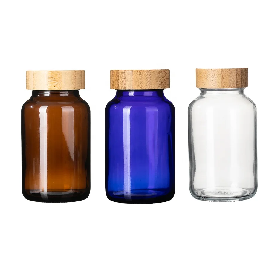 Clear Amber Cobalt Blue Color Wide Mouth 200ml Glass Syrup Supplement Bottle With Bamboo Screw Lid Label Sticker Wholesale