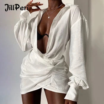 JillPeri Women Sexy Open-chested Long Sleeve Mini Dress Fashion Daily Casual Outfits for Fall White Linen Draped Shirt Dress