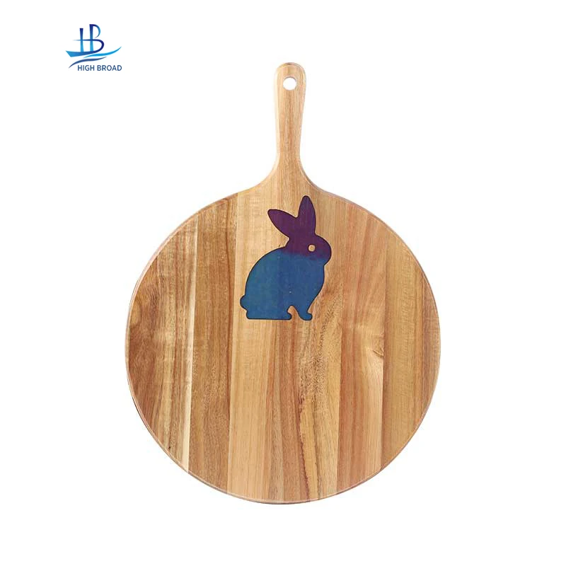 Custom Resin Rabbit Design Acacia Wood Round Cutting Board With Handle Pizza Tray Serving Board