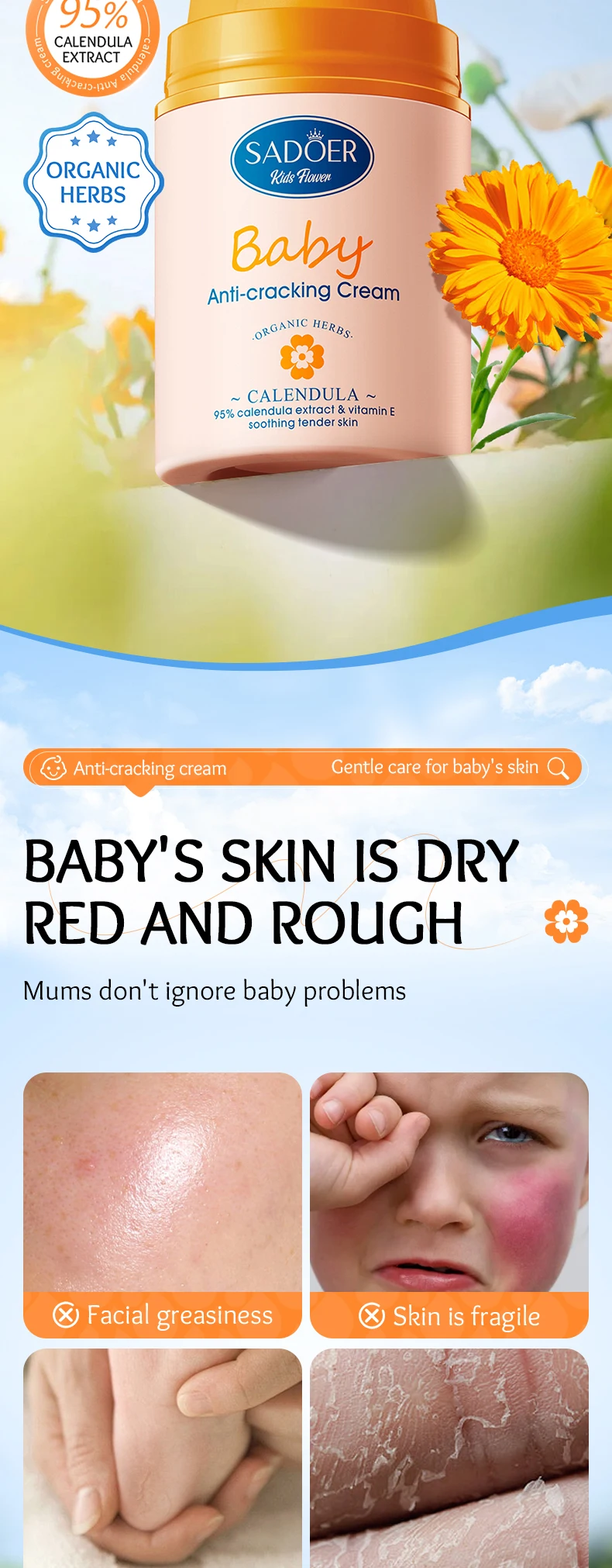 product organic skincare sadoer childrens calendula vitamin e gentle soothing anti chafing repairing moisturizing cream for children-3