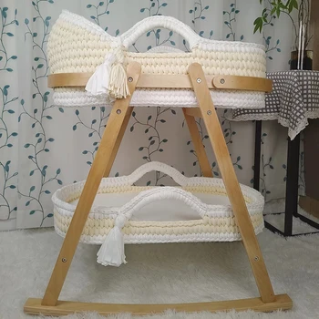 100% Cotton Rope Moses Basket Baby Changing Basket with Thick Foam Pad Waterproof Pad Removable Cover for Bedroom or Cribs